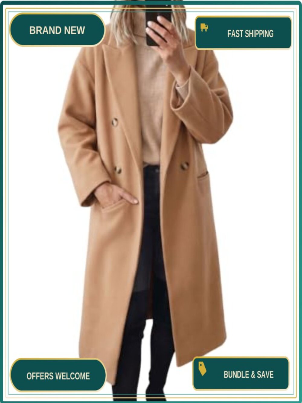 Wool Blend Double Breasted Trench Coat Long Sleeve Notch Lapel
